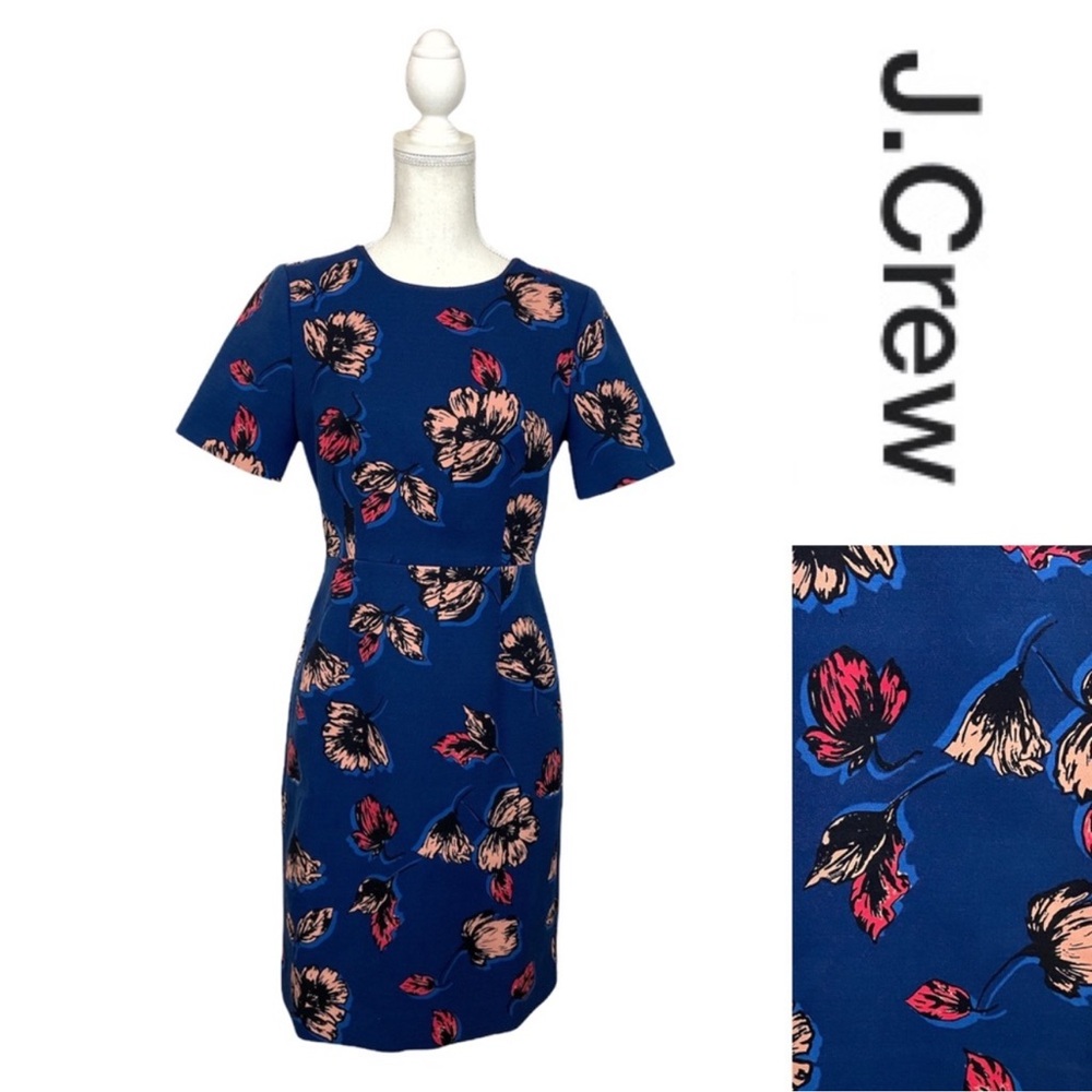 J.CREW Womens Shift Dress Blue Floral Jewel Neck Short Sleeve Sz 16